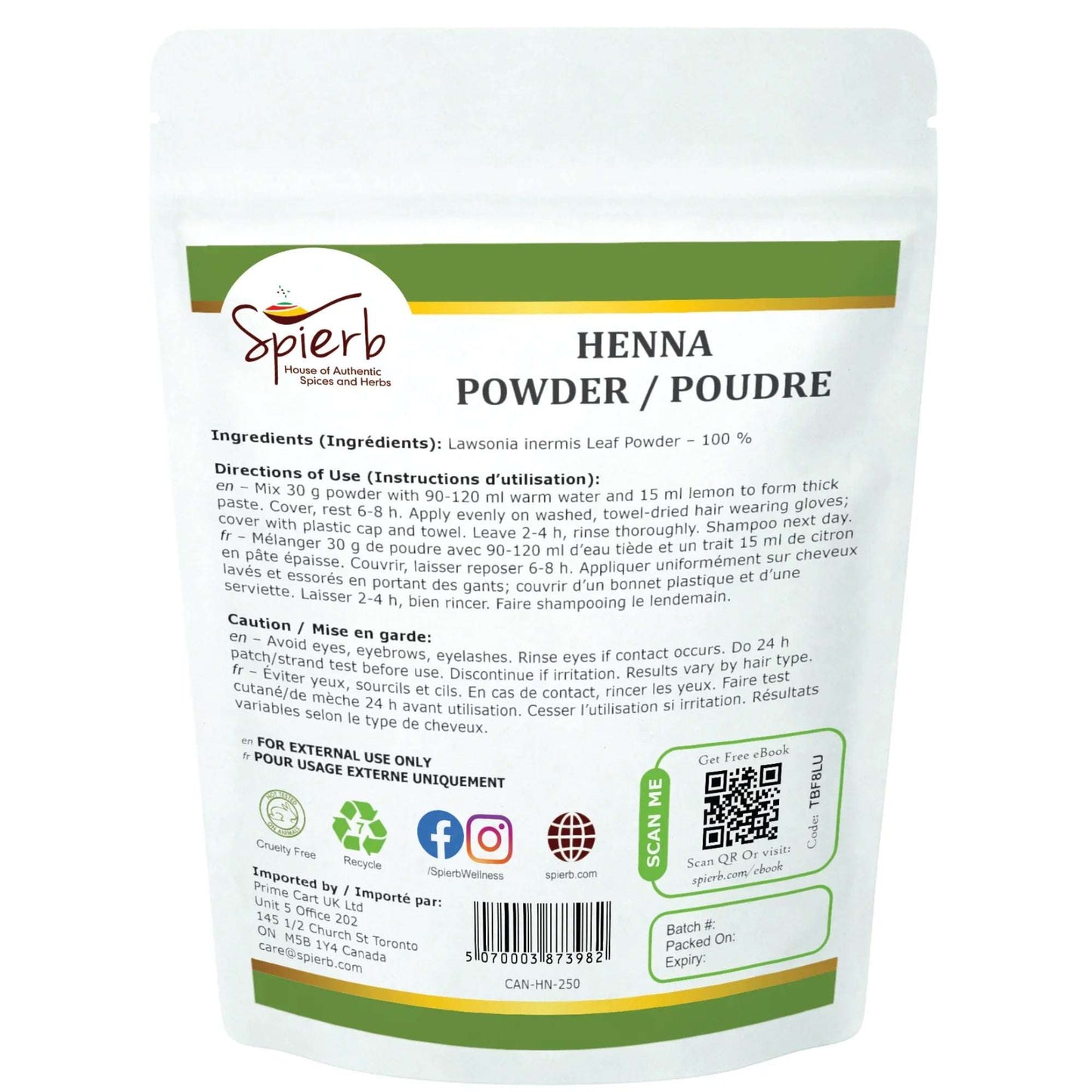 Spierb Henna Leaf Powder - 250g - Back Pouch