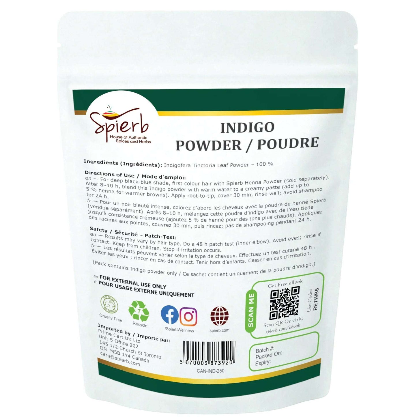 Spierb Indigo Leaf Powder - 250g - Back Pouch