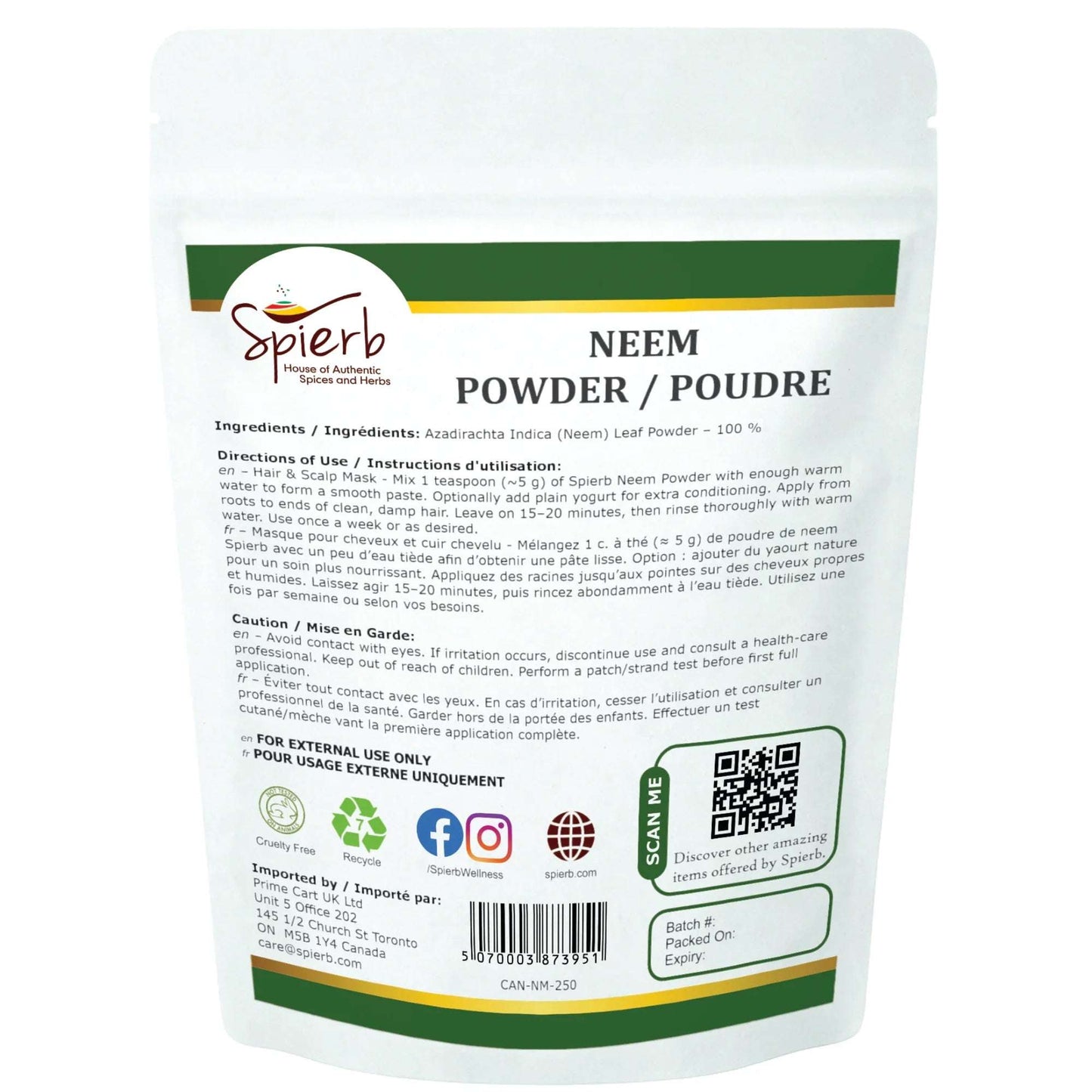 Spierb Neem Leaf Powder - 250g - Back Pouch