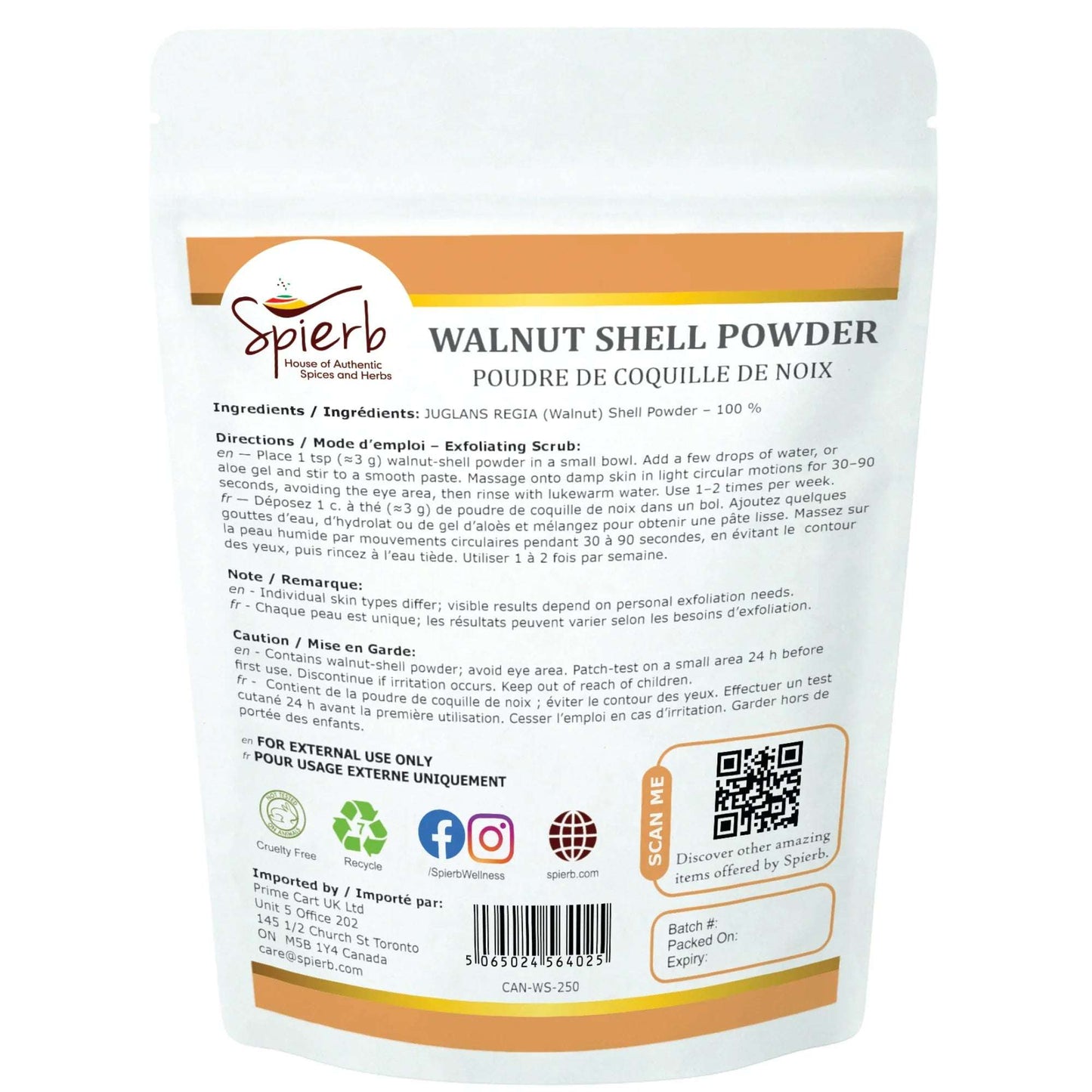 Spierb Walnut Shell Powder - 250g - Back Pouch