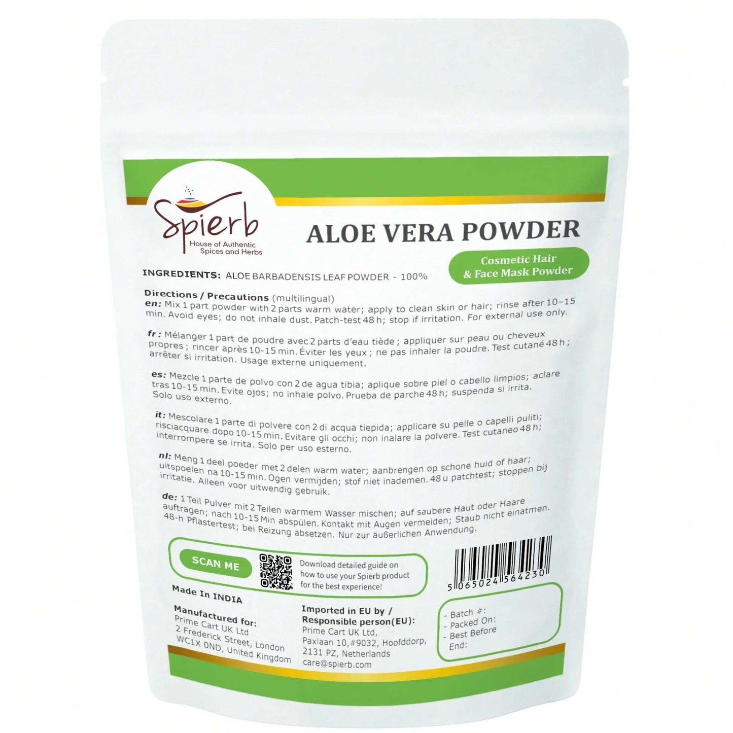 Spierb Aloevera Powder - 250g - Back Pouch