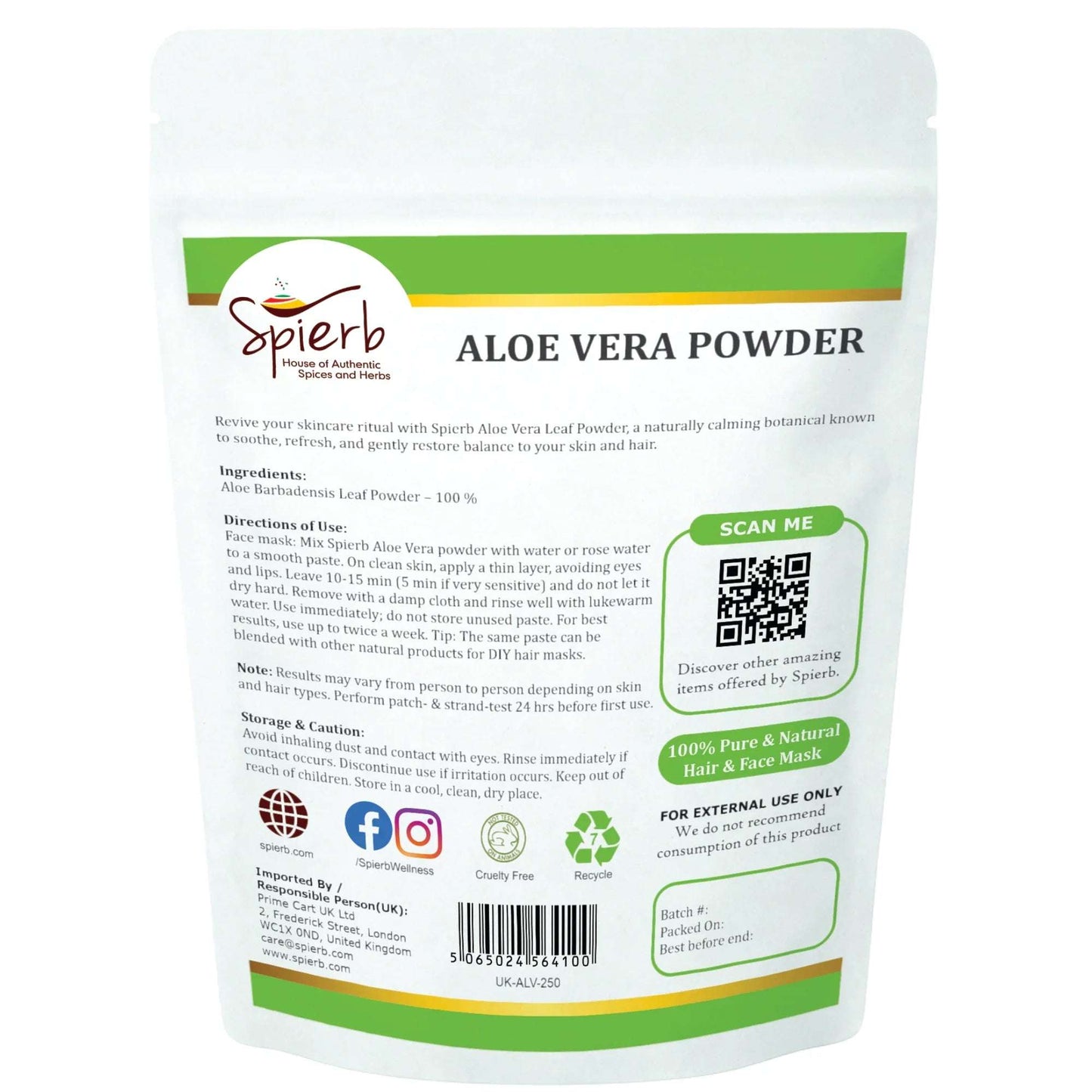 Spierb Aloevera Powder - 250g - Back Pouch