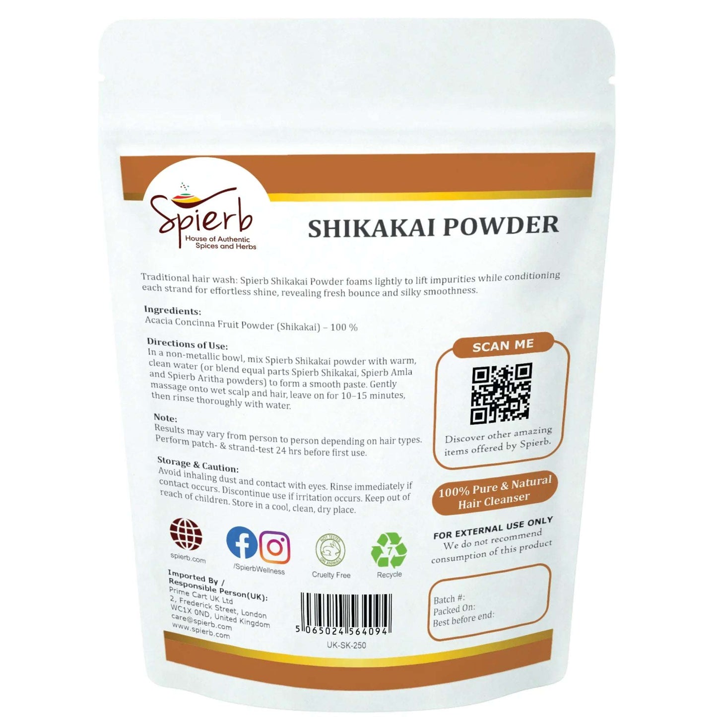 Spierb Shikakai Powder - 250g - Back Pouch