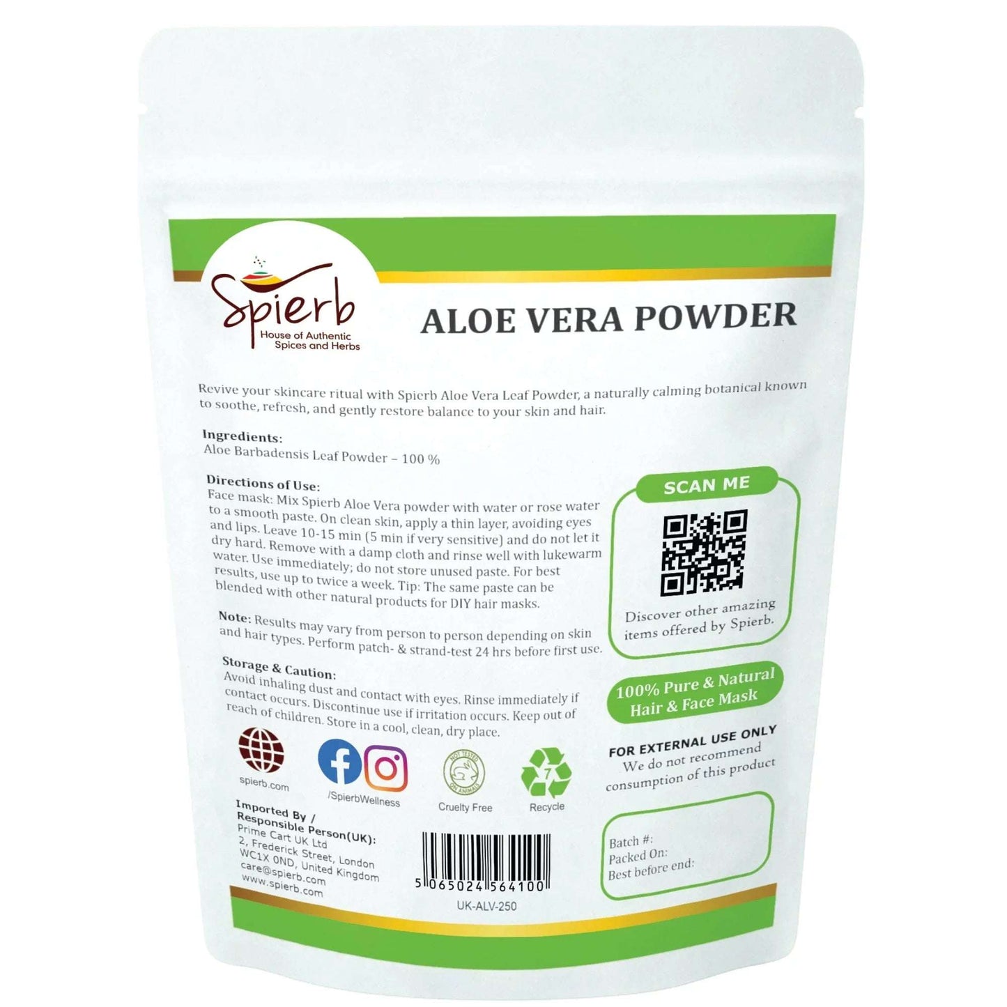 Spierb Aloevera Powder - 250g - Back Pouch