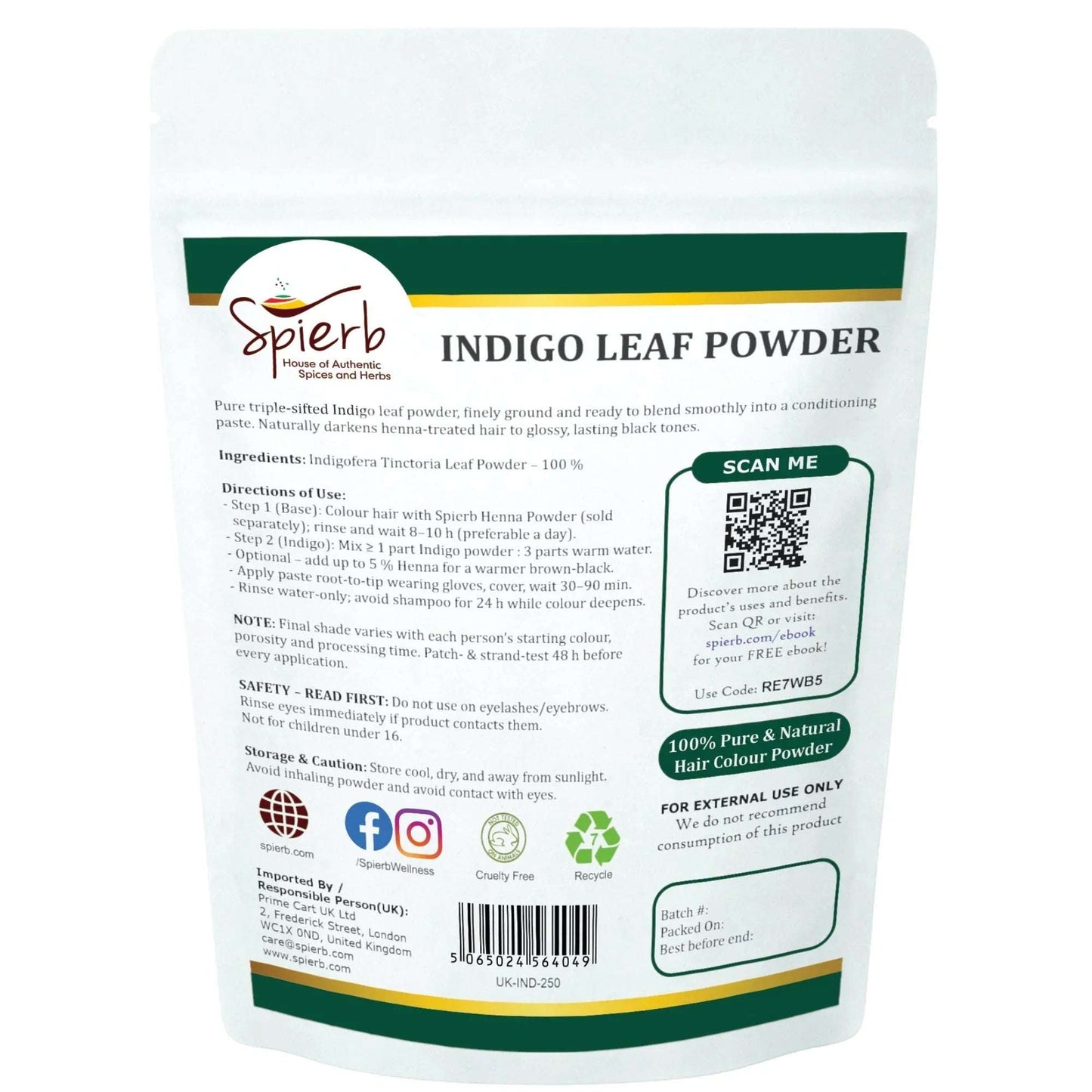 Spierb Indigo Leaf Powder - 250g - Back Pouch