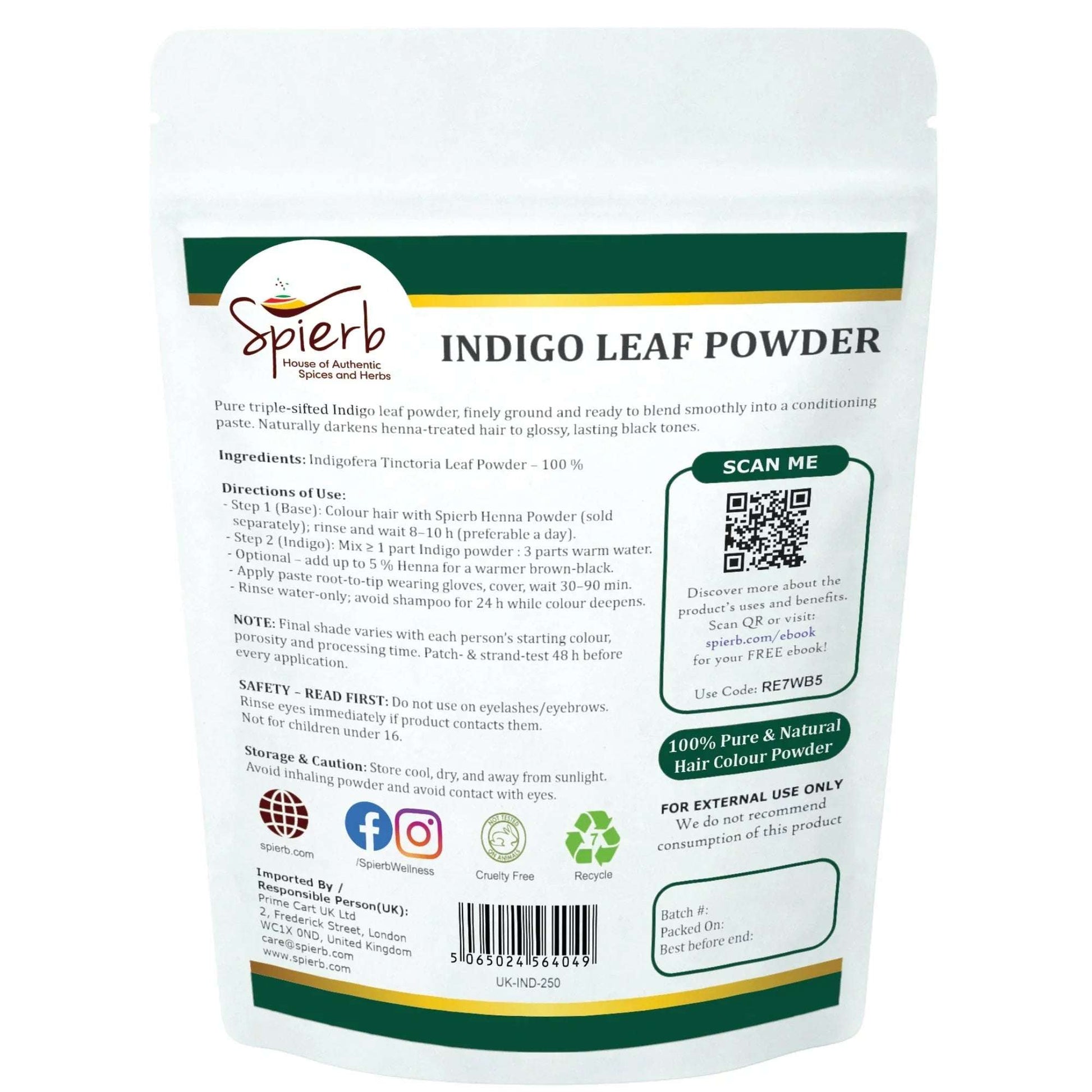 Spierb Indigo Leaf Powder - 250g - Back Pouch